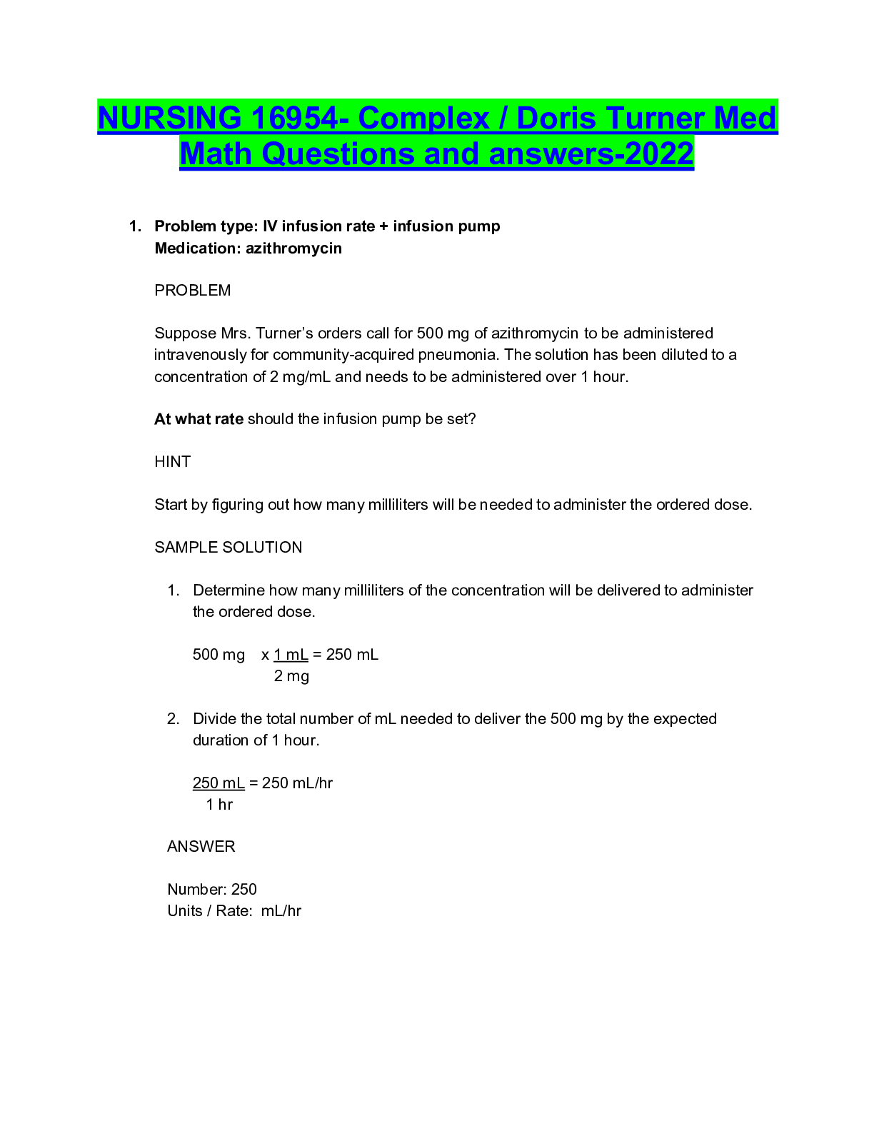 Preview of NURSING 16954- Complex / Doris Turner Med Math Questions and answers-2022